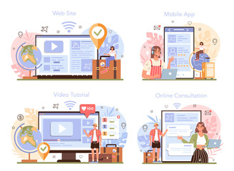 Tourism expert online service or platform set. Travel agent selling tour