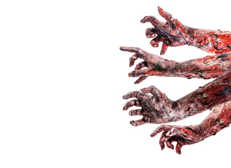 zombies or monsters attacking hands, image for day of the dead or halloween, isolated white background