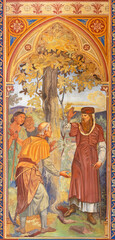 VIENNA, AUSTIRA - JUNI 24, 2021: The fresco of The parable of the Fig tree in the Votivkirche church by brothers Carl and Franz Jobst (sc. half of 19. cent.).