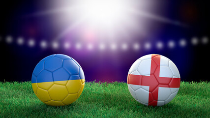 Two soccer balls in flags colors on stadium blurred background. Ukraine and England. 3d image - obrazy, fototapety, plakaty