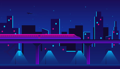 Futuristic night city scape on a dark background. Vector illustration