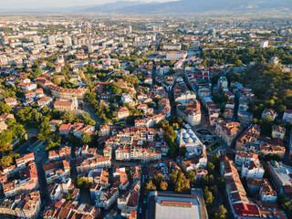 Obraz premium Aerial sunset cityscape of City of Plovdiv, Bulgaria