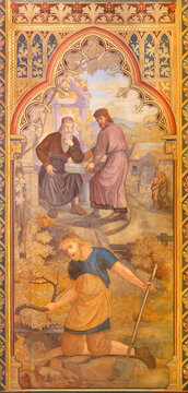 VIENNA, AUSTIRA - JUNI 24, 2021: The fresco the Parable of the hidden treasure in the Votivkirche church by brothers Carl and Franz Jobst (sc. half of 19. cent.).