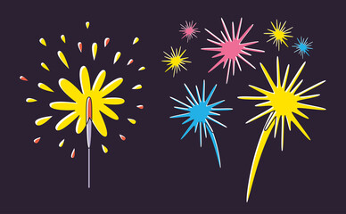 Sparkler and fireworks cartoon vector holiday celebration design icons