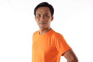 Confidence Asian male looking at camera and smiling, sweated face after workout, healthy lifestyle. Isolated portrait against white