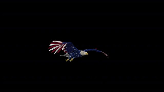Bald Eagle - USA Flag - Flying Loop - Side Angle -  Alpha Channel - 3D Animation