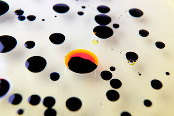 closeup ptoto of color ink float on yellow oiil
