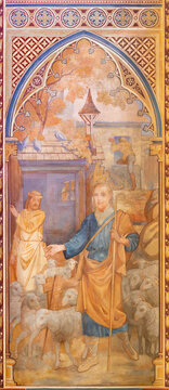 VIENNA, AUSTIRA - JUNI 24, 2021: The fresco of the parable of good shepherd in the Votivkirche church by brothers Carl and Franz Jobst (sc. half of 19. cent.).