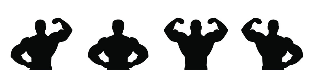 Muscular bodybuilder vector silhouette illustration isolated on white background. Sport man strong arms show in different pose. Body builder athlete showing muscles. - obrazy, fototapety, plakaty