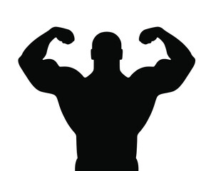 Muscular bodybuilder vector silhouette illustration isolated on white background. Sport man strong arms. Body builder athlete showing muscles. - obrazy, fototapety, plakaty
