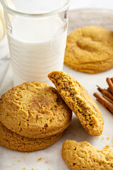 Pumpkin snickerdoodle cookies with cinnamon and milk