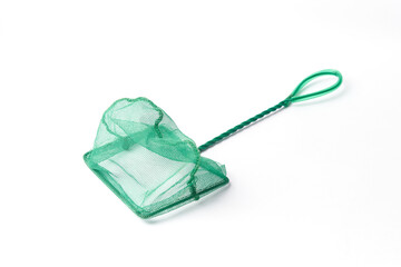 Fishing net for aquarium with plastic handle isolated on white, used to give maintenance to the...