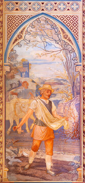 VIENNA, AUSTIRA - JUNI 24, 2021: The fresco of Parable of the sower in the Votivkirche church by brothers Carl and Franz Jobst (sc. half of 19. cent.).