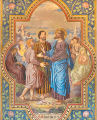 VIENNA, AUSTIRA - JUNI 24, 2021: The fresco Miracle of Multiplying Food in the Votivkirche church by brothers Carl and Franz Jobst (sc. half of 19. cent.).