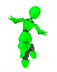 robot girl is happy and jumping in white background rear view