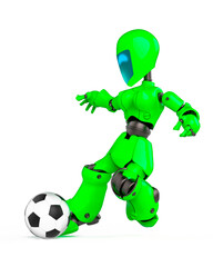 robot girl is kicking the football ball in white background
