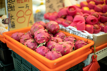 fresh dragon fruits at the market in Taipei, Taiwan