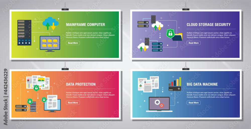 Poster web banners template in vector with icons of mainframe computer, cloud storage security, data protec
