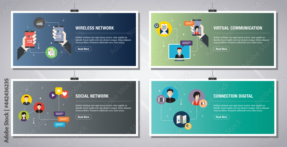 Poster web banners template in vector with icons of wireless network, virtual communication, social network