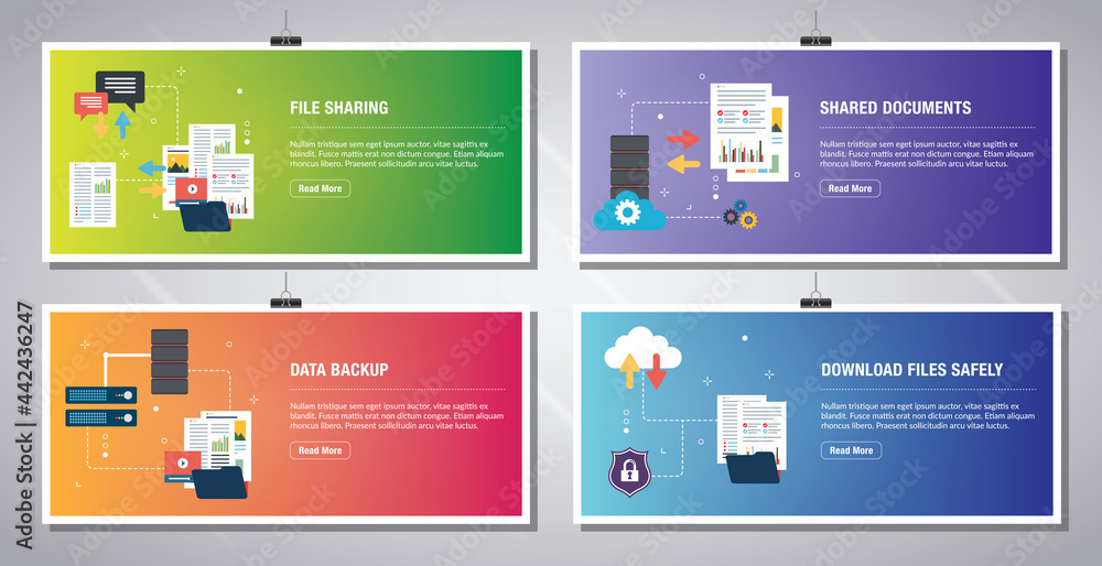 Poster web banners template in vector with icons of file sharing, shared documents, data backup and downloa