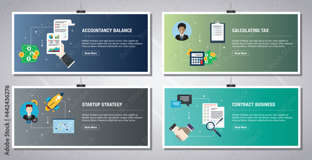 Aufkleber web banners template in vector with icons of accountancy balance, calculating tax, startup strategy 