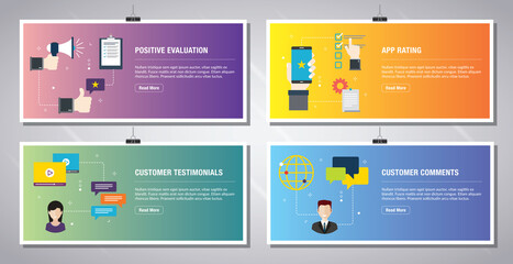 Web banners template in vector with icons of positive evaluation, app rating, customer testimonials and customer comments. Flat design icons in vector illustration.