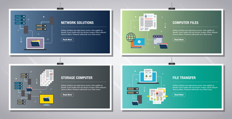 Web banners template in vector with icons of network solutions, computer files, storage computer and file transfer. Flat design icons in vector illustration.