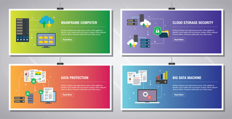 Web banners template in vector with icons of mainframe computer, cloud storage security, data protection, big data machine. Flat design icons in vector illustration. - obrazy, fototapety, plakaty