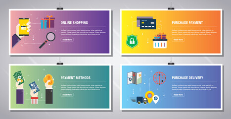 Web banners template in vector with icons of online shopping, purchase payment, payment methods, purchase delivery. Flat design icons in vector illustration.