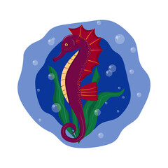 Bright seahorse in a cartoon style on a sea background. Vector illustration