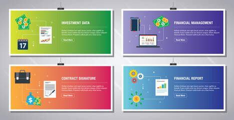Web banners template in vector with icons of investment data, financial management, contract signature and financial report. Flat design icons in vector illustration.