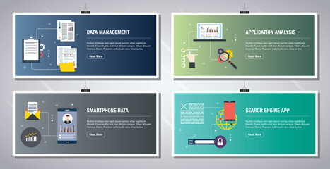 Web banners template in vector with icons of data management, application analysis, smartphone data and search engine app. Flat design icons in vector illustration.