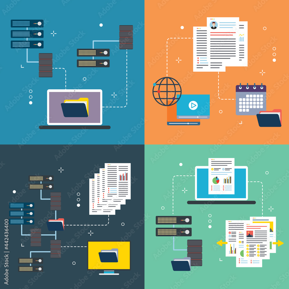 Poster network, computer, storage and file transfer icons. concepts of network solutions, computer files, s