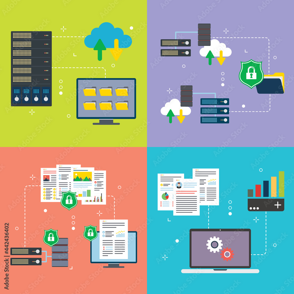 Poster mainframe, computer, cloud storage, big data, security and protection icons. concepts of mainframe c