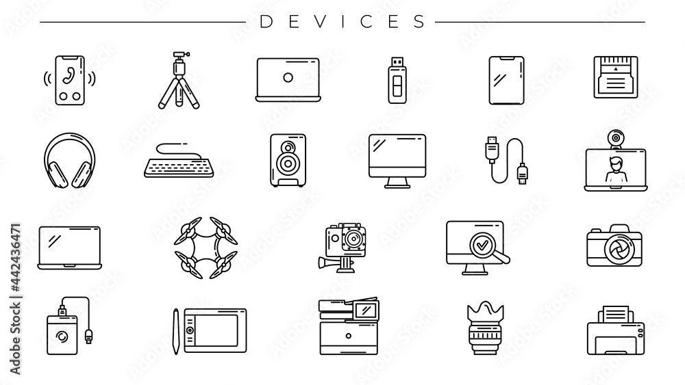 Poster devices concept line style vector icons set