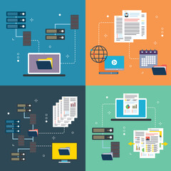 Network, computer, storage and file transfer icons. Concepts of network solutions, computer files, storage computer and file transfer. Flat design icons in vector illustration.