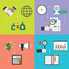 Business, investment, analysis, calculations, and rate icons. Concepts of business investment, chart analysis, calculations rate and investment chart. Flat design for web banner in vector illustration