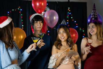 portrait of young people having happiness fun with friendship in new year tradition, smiling with alcohol in birthday party to joy with event in nightclub