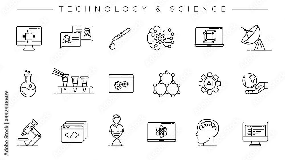 Poster technology and science concept line style vector icons set.