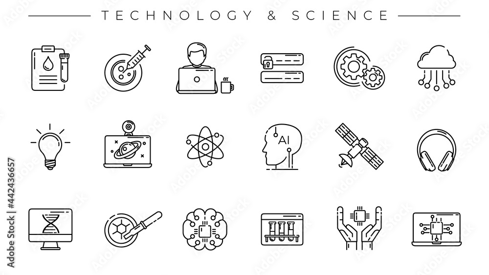 Poster technology and science concept line style vector icons set.