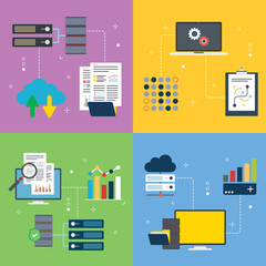 Cloud data, computer, code, hosting and technology icons. Concepts of cloud data base, computer code, data hosting and computer technology. Flat design icons in vector illustration.