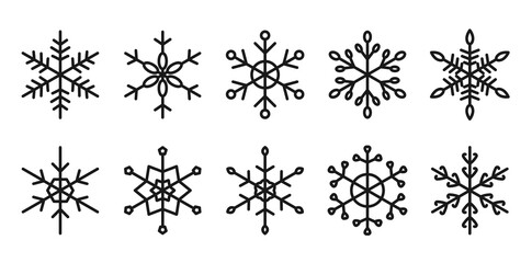 Snowflakes set black line silhouette symmetrical icons vector flat isolated on white background. Wrapping paper. Christmas template winter snowflake. For Holiday greeting card. Sticker and label.