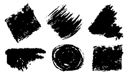 Brush strokes grungy black paint hand drawn strokes isolated on white background. Design element or background for text. Dirty distress texture. Dry paint stains set. Frames for logo and labels.