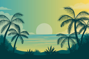 Fototapeta na wymiar palm tree ocean view background illust