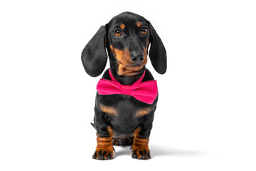 Portrait of lovely obedient dachshund puppy wearing pink festive bow tie around neck sitting in anticipation, front view, isolated on white background.