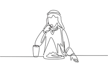 Single one line drawing young Arabian man having fruits meal with fork around table. Enjoy dessert at restaurant. Delicious and healthy food. Continuous line draw design graphic vector illustration