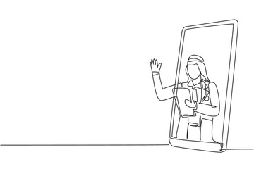 Single continuous line drawing Arabian male doctor comes out of smartphone screen holding clipboard. Online medical services, medical consultation. One line draw graphic design vector illustration