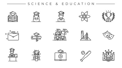 Science and Education concept line style vector icons set.