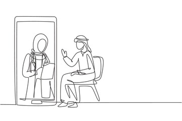 Single one line drawing hijab female doctor holding clipboard checking condition of Arabian male patient sitting on chair. Online consultation. Continuous line draw design graphic vector illustration