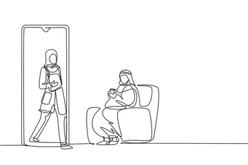 Continuous one line drawing Arabian male patient sitting curled up on sofa, using blanket, holding mug and there is female doctor walking out of smartphone, holding clipboard. Single line draw design